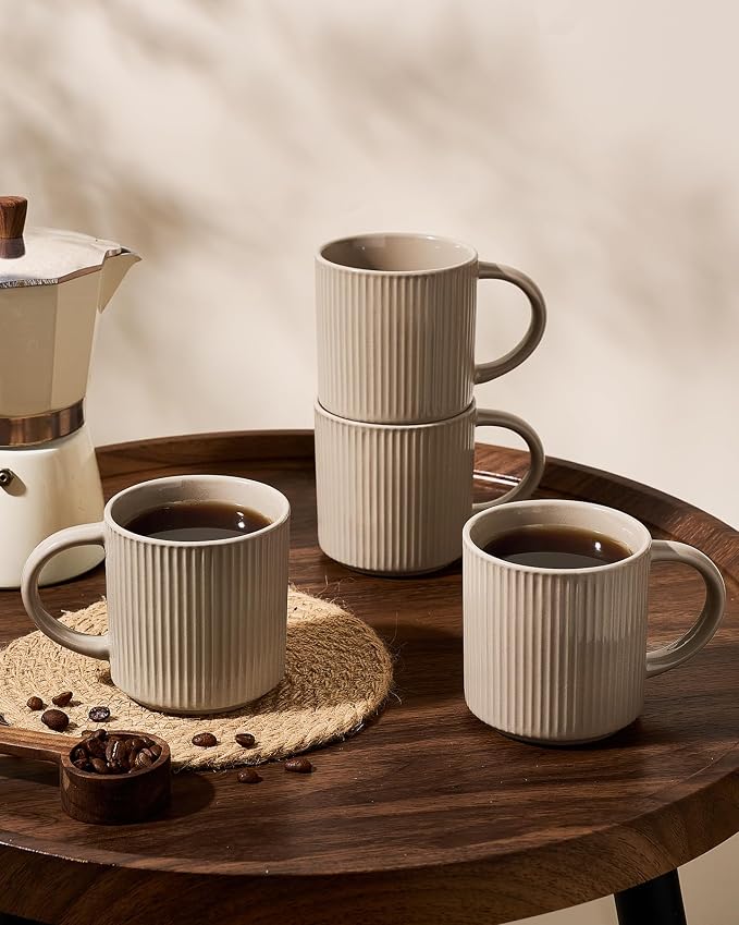 famiware Coffee Mug Set for 6, Star 12 oz Catering Mugs Cup Set with Handle for Coffee, Tea, Cocoa, Milk- Ceramic Stoneware Drinkware Set, Cinnamon Brown