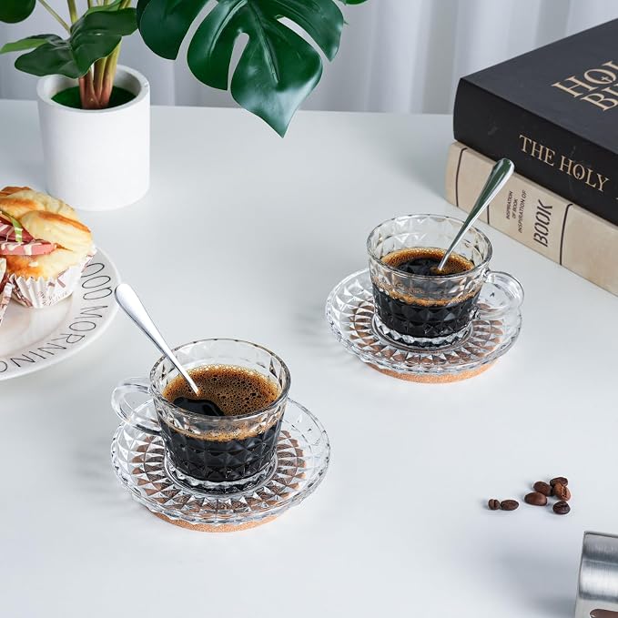 Glass Espresso Shot Cups with Saucers Set of 6, Clear Small Demitasse Cup with Stainless Steel Spoons, Dishwasher Safe Coffee Mugs for Tea Hot Chocolate Cappuccino, 5OZ/150ML, Diamond