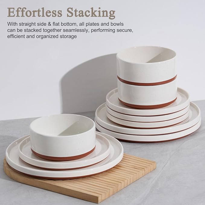 LIANYU Stoneware Dinnerware Sets Service for 6, 18 PCS Plates and Bowls Sets, Handmade Ceramic Dish Set, Highly Chip and Crack Resistant Modern Plate Set, Cloud White