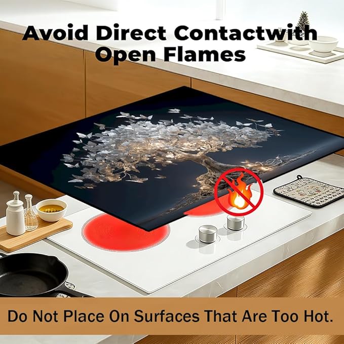 Stove Top Cover for Electric Stove 28.4 x 20.5 Inch Non Slip Stove Mat Oil Proof White Butterfly Tree Glass Cooktop Protector Kitchen Counter Mat
