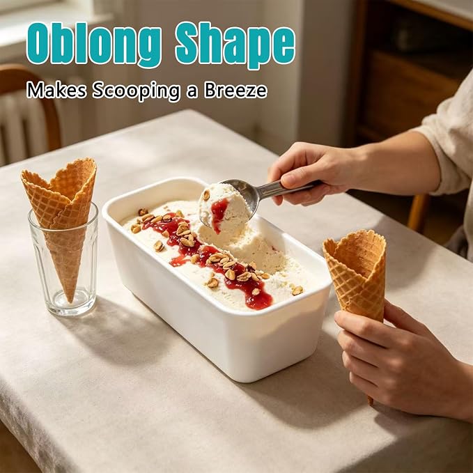 Ice Cream Containers - Silicone Reusable Freezer Storage for Homemade Ice Cream Tub for Sorbet, Frozen Yogurt - Flexible Silicone Lids, Long Scoop, Stackable,2 Pack 1.6 Quart Each
