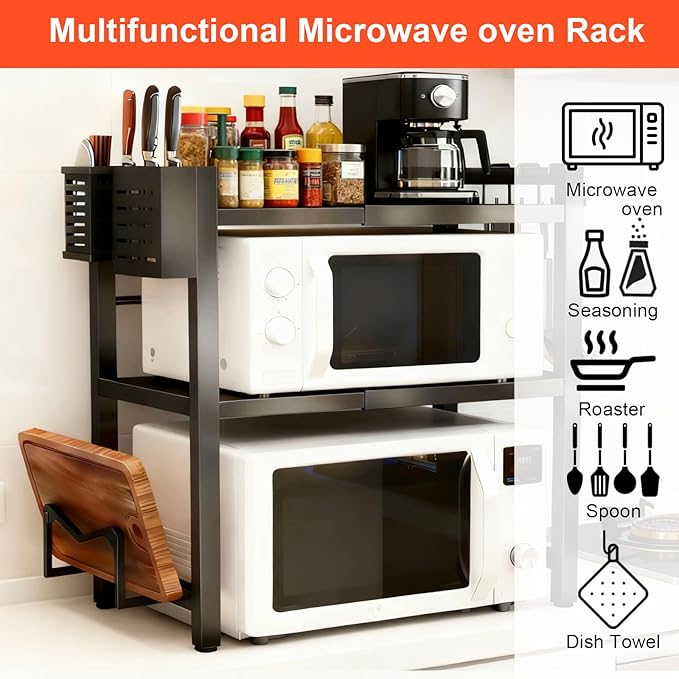 Microwave Oven Rack, Expandable Microwave Stand Countertop Shelf Heavy Duty 3-Tier Shelf with Cutting Board Holder Knife Rack and Chopstick Storage for Kitchen Top Organizer, Holds 55lbs, 6 Hooks