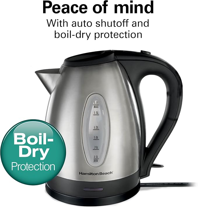 Hamilton Beach Electric Tea Kettle, Water Boiler & Heater, 1.7 Liter, Cordless Serving, 1500 Watts for Fast Boiling, Auto-Shutoff and Boil-Dry Protection, Stainless Steel (40880)