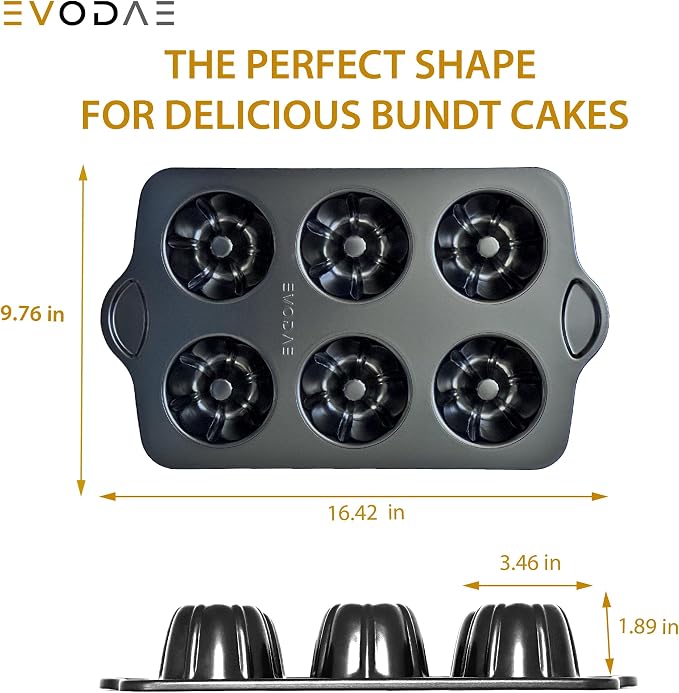 Mini Bundt Cake Pans for Baking – Set of 2 – 6 Cups Each (12 Cups Total) – Nonstick Black Carbon Steel – Heavy-Duty & Built to Last – Carefully Packaged in a Clean Black Box – PFOA & PTFE Free