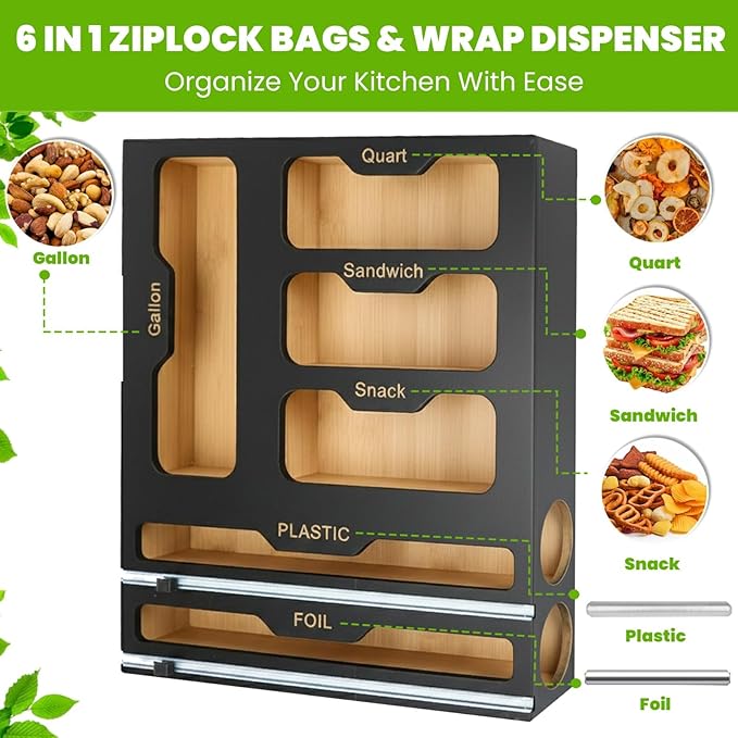 6-in-1 Ziplock Bag Organizer & Plastic Wrap Dispenser with Cutter, Kitchen Drawer Organizer for Food Storage Bags, Foil, Plastic Wrap, Parchment Paper Bamboo Bag Organizer