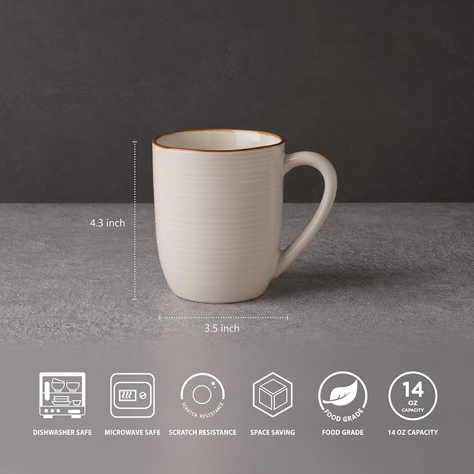 famiware Tempus Coffee Mugs Set of 4, 14 oz Coffee Cup Set, Stoneware Mugs with Handle for Coffee, Tea, Cocoa, Milk, Cappuccino, Microwave Safe - Antique White