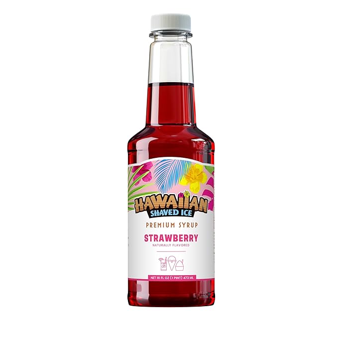 Hawaiian Shaved Ice Strawberry Syrup - Nut Soy Dairy Free - Flavor Fluffy & Crunchy Snow Cones - Shelf Stable - Makes 8 Servings - 16 ounces