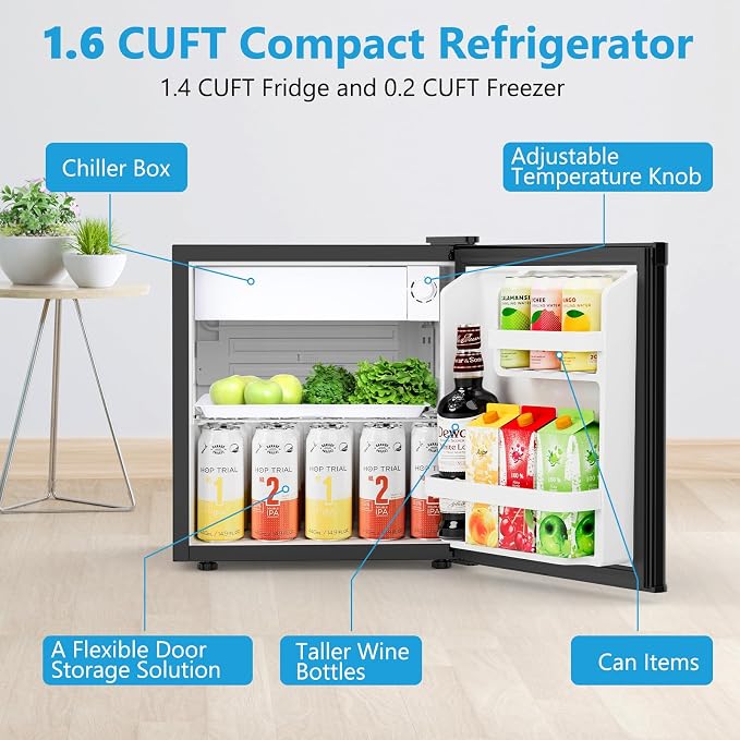 Electactic 1.7 Cu.ft Mini Fridge, Compact Refrigerator, Single Reversible Door, Ultra Quiet, Energy Efficient for Office, Dorm, Bedroom, Apartment, Black
