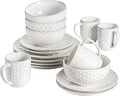 LE TAUCI Ceramic Dishes Set for 4, 16 Piece Kitchen Dinnerware Set with Mugs, Embossed Plates and Bowls Sets, Microwave & Dishwasher Safe, Arctic White (8"&10" Plate, 26oz Bowl, 12oz Mug)