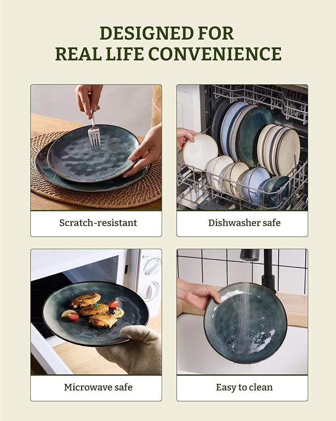 Famiware Ocean Round Plates and Bowls Set, 18 Pieces Dinnerware Sets, Dishes Set for 6, Reactive Glaze, Microwave and Dishwasher Safe, Scratch Resistant, Deep Forest