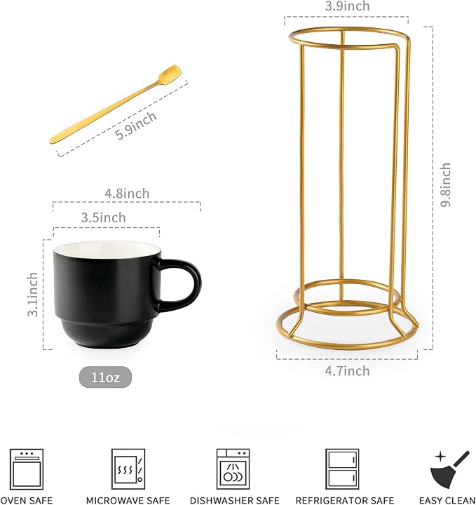 YHOSSEUN Porcelain Stackable Coffee Mugs Set With Rack, Espresso Cups with Stand Stir Spoons, 11 Oz Coffee Cups Demitasse Cup for Latte, Macchiato, Cafe Mocha Set of 4, Black