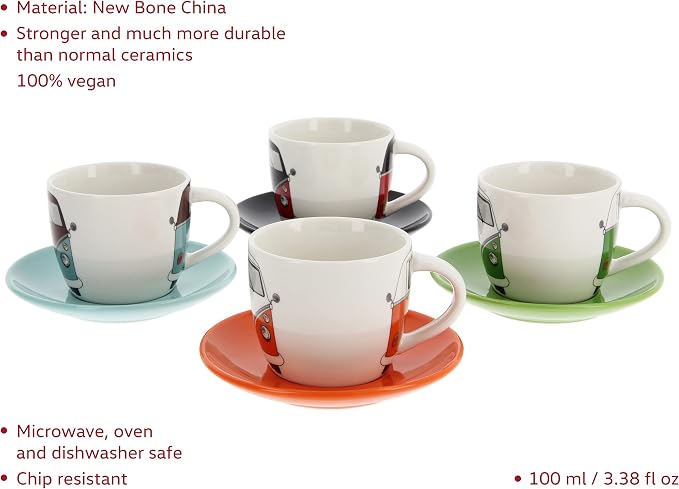BRISA VW Collection - Volkswagen Espresso Cups Coffee-Tea-Cappuccino Set in T1 Bus Campervan Design (Bus Front/100ml/3.4 fl oz) (Set of 4 (red/black, petrol/brown, orange, green))