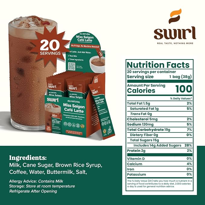 Swirl - Miss Saigon Cafe Latte - Vietnamese Inspired Espresso, Milk Blend, Single Serve, Smooth, Sweet, Balanced, No Fridge - 38g per pack 20 packets
