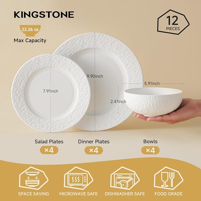 KINGSTONE Dinnerware Sets, 12-Piece Matte Marble Pattern Premium Porcelain dishes set, Plates and Bowls Sets for 4, Place Setting with Dinner Plate, Salad Plate, Pasta Bowl (White)