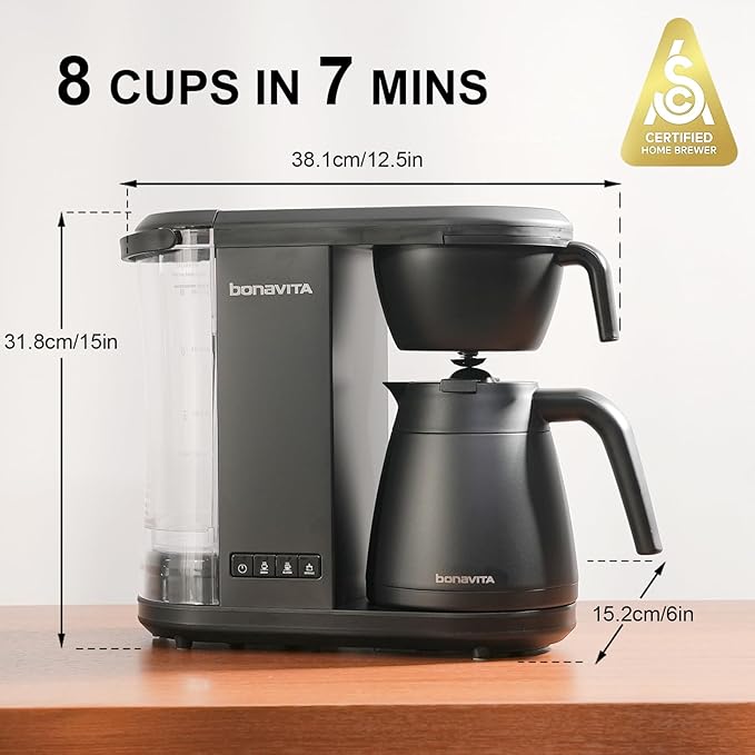 Bonavita Enthusiast 8 Cup Drip Coffee Brewer, Pour Over, SCA Certified Coffee Machine with Thermal Carafe, Stainless Steel Panel, Removable Reservoir, Matte Black