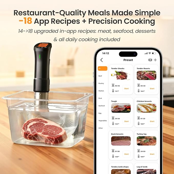 Sous Vide Cooker WiFi 2.4G, 1000W Sous Vide Machine ISSV-200-W with APP 18 Recipes, Timer Alarm, 1°F Precision, Calibration, Ultra-Quiet Thermal Immersion Circulator APP-Controlled