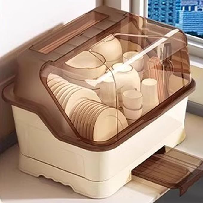 Countertop Dish Storage Cabinet, Over Sink Dish Drainer Drying Rack with Cover, for Plates,Bowls & Cutlery(Brown,15.4 * 11 * 11.4in)