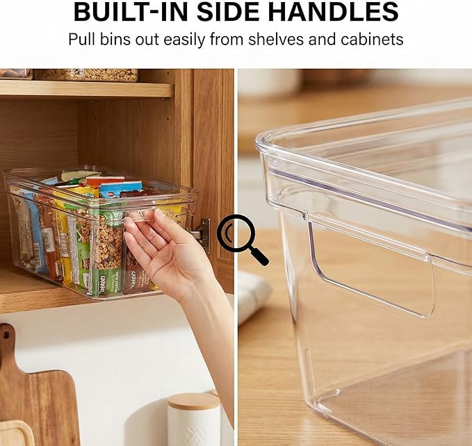 MOONEDGE Small Clear Plastic Storage Bins with Lids and Handles,Stackable Small Item Organizer Containers for Vanity,Craft,Office,Fridge,Kitchen,Pantry,Bathroom,Closet – 6 Pack (10×6×5 in)