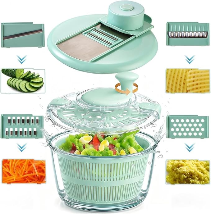 Borosilicate Glass Large Salad Spinner & Vegetable Washer - 5.2 Quart BPA-Free Dehydrator with Handle Includes 5 Chopping Blades Slicer, Drain Bowl Dishwasher Safe - Perfect for Lettuce Fruit Veggies