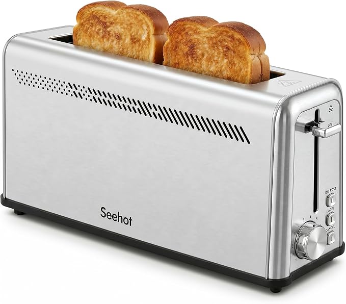 Seehot® Slim Long Slot Stainless Steel Toaster, Toaster 2 Slice Wide Slot with 10.24 x 1.5 in Slot, Bagel Defrost Cancel, 7 Shades, Crumb Tray