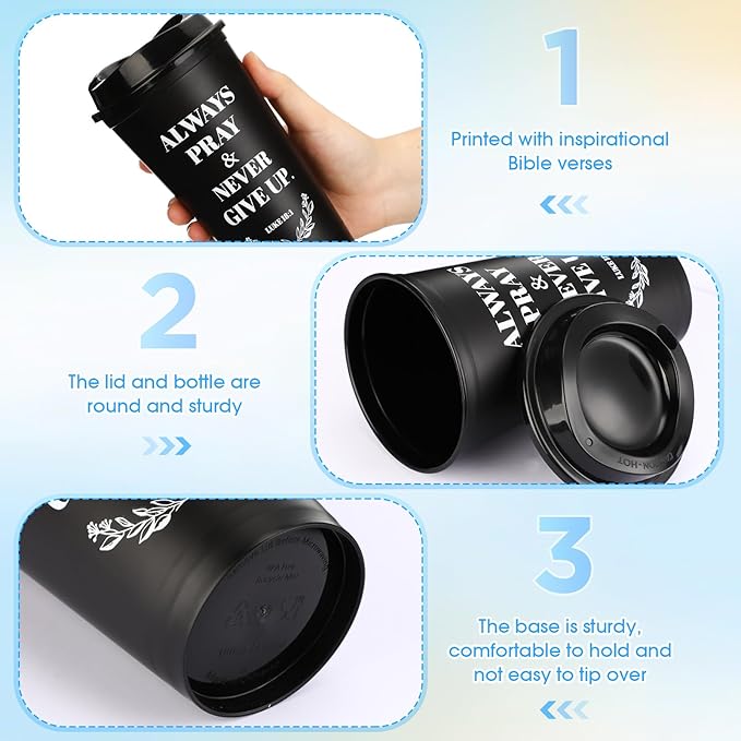 Skylety 20 Pack Bulk Christian Gifts for Men Women 16oz Reusable Bible Verse Tumbler Plastic Coffee Cup with Lid Inspirational Religious Church Gift for Teacher Graduation Party Favor (Black)