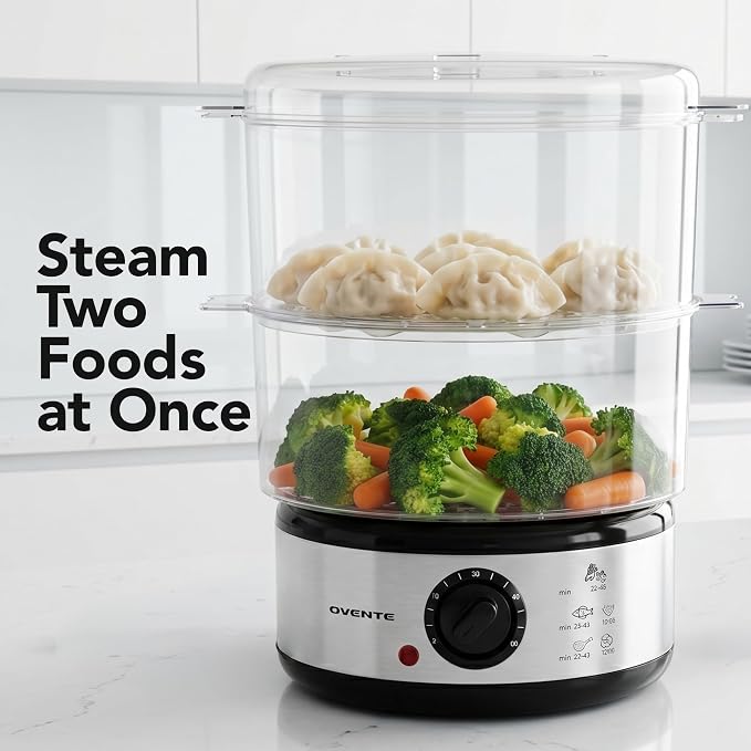 OVENTE 2-Tier Electric Food Steamer, 5 Quart Stainless Steel Stackable Steam Cooker with 400W Power, 60-Minute Timer & Auto Shut-Off, Dishwasher Safe, Healthy Vegetable & Seafood Steamer, Silver FS62S