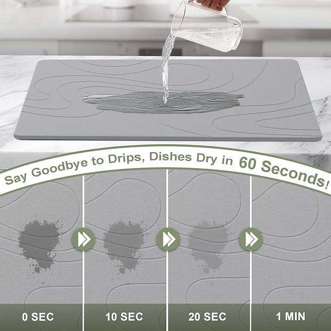Large Stone Drying Mat for Kitchen Counter, 24" × 16" Diatomite Dish Drying Mat, Ultra Absorbent Diatomaceous Earth Dry Stone Mats with Dish Rack for Dished, Bottles, Dark Grey