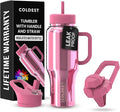 Coldest Tumbler with Handle and Straw - 100% Spill Proof Tumbler with Straw (3 Lids) - Stainless Steel Insulated Leakproof Tumblers for Women & Men - 36 oz (Pink Reflections)
