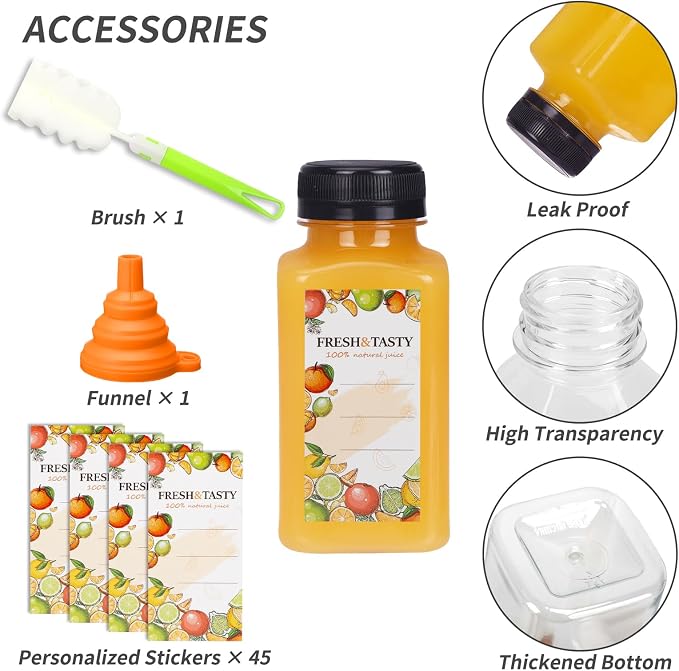 TOMNK 45pcs 8oz Plastic Juice Bottles with Black Caps Empty Reusable Clear Bottles with Label, Funnel and Brush Beverage Containers Bulk with Lids for Juicing, Smoothies, Fridge