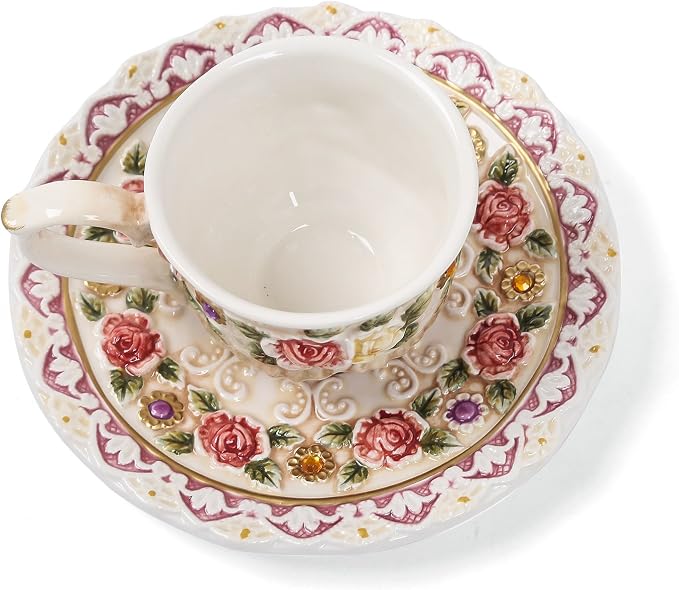 Ceramic Coffee Mug and Saucer Set for Women, Vitorian Hand-painted Rose Flower Tea Cup - 3oz(Red)