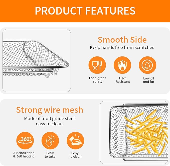GCQ 2PCS Air Fryer Basket for Emeril Lagasse Dual Zone 360 Air Fryer Oven Combo with French Door,25 QT Extra Large,11.6" x 6.9" Non-Stick Mesh Air Fryer Steel Basket Accessories Parts,Dishwasher Safe