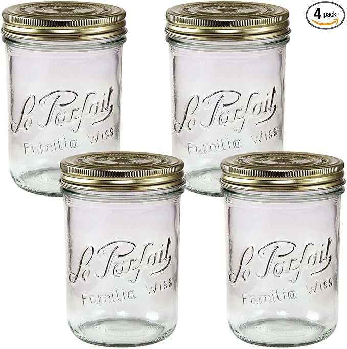 Le Parfait Familia Wiss 24oz (750ml) Wide Mouth Glass Canning Jars – 4PK Made in France, Airtight 2-Piece Lid, Reusable Zero Waste & Eco-Friendly for Kitchen Storage, Meal Prep, Fermentation & Baking