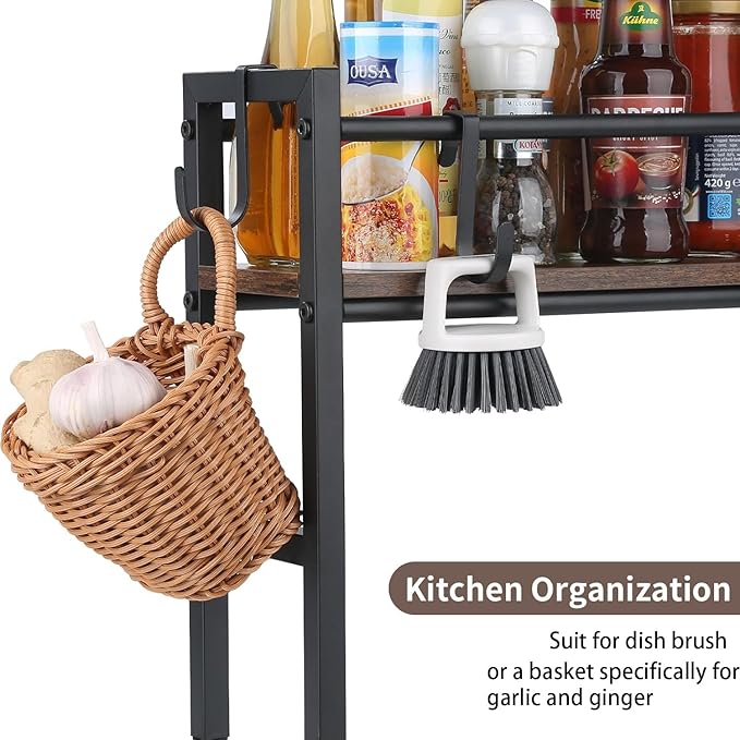 Meangood Spice Rack Shelf for Kitchen Stove, Over the Stove Shelf with 4 Hooks Extra Storage Countertop, Rustic Wood & Solid Metal Commbined Stove Shelf for Storage Seasoning, Easy to Assemble
