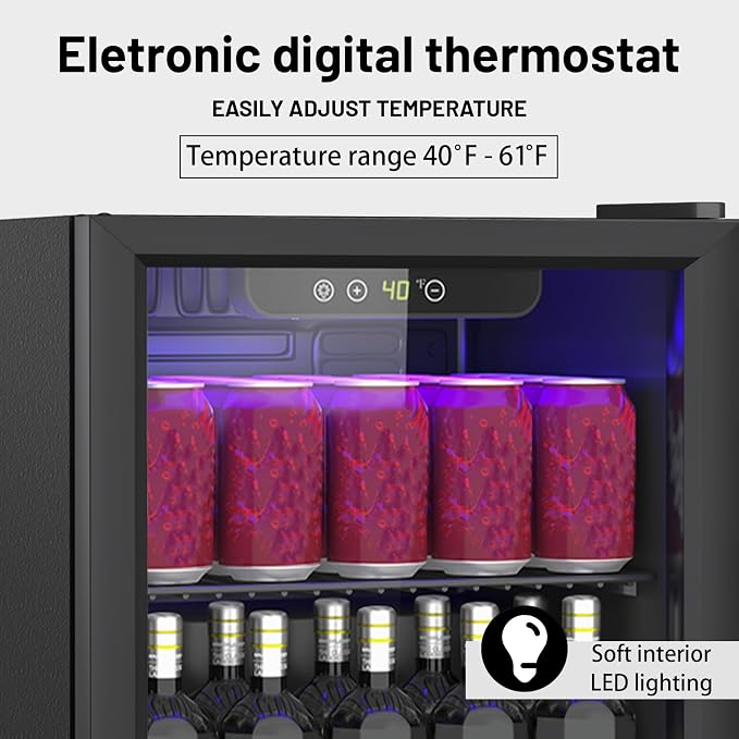 Compact 60 Can/1.3 Cu.Ft Mini Fridge For Soda, Beer Or Wine, Portable Small Beverage Refrigerator With Digital Display&Removable Shelves &Reversible Glass Front Door For Office, Dorm, Bar