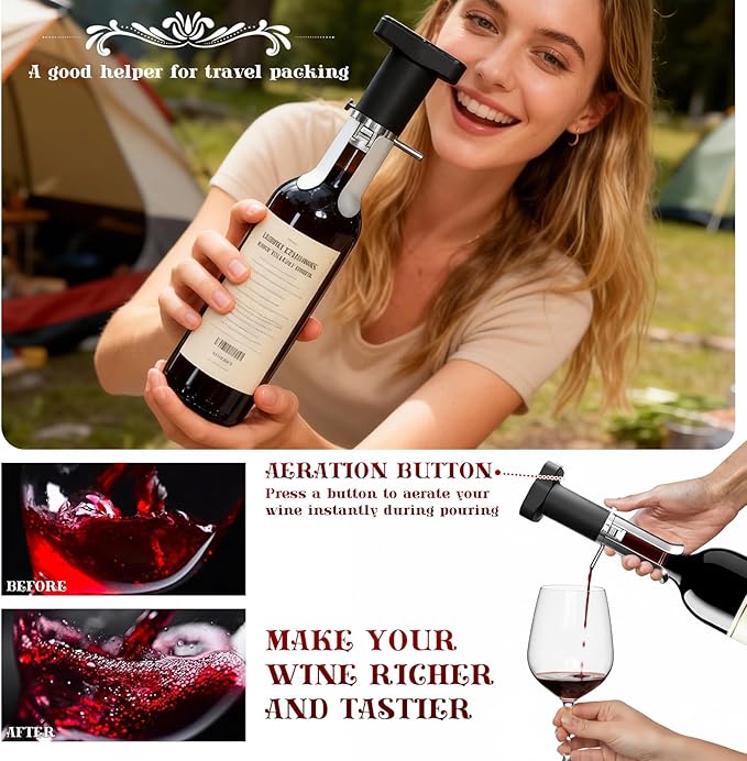 3-in-1 Electric Wine Opener with Aerator Pourer & Vacuum Sealer – Automatic Corkscrew, Drip-Free Pouring, Wine Preservation for Over 10 Days – Ideal Gift for Home, Restaurants, Parties