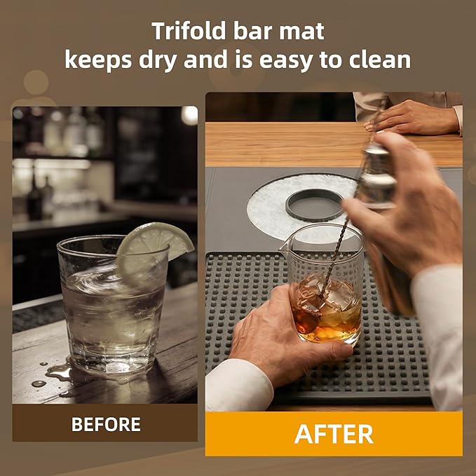 12'' x 22'' Silicone Cocktail Bar Mat for Bartending & Home Bar - Multifunctional Folding Drink Mat with Cutting Board - Portable Black Bar Countertop Accessories & Spill Mat（GREY）
