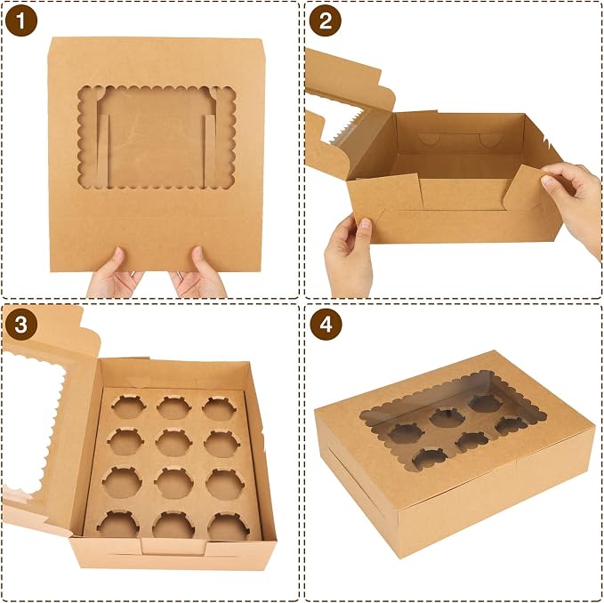 Moretoes 34 Sets Cupcake Boxes, Hold 12 Count Cupcake Containers, Brown Containers with Window and Inserts, 13 x 10 x 3.5 Inches Kraft Bakery Carrier Boxes for Birthday Holiday Party Bakery Supplies