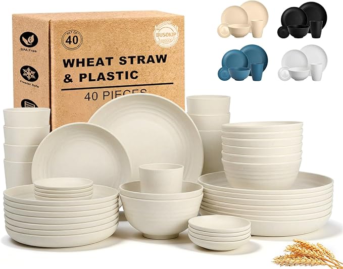 Dishes Set for 8, Wheat Straw Dinnerware Sets 40 Piece, Unbreakable Bowls and Plates Set, Plastic Plates Reusable, Microwavable Dishware Sets for Apartment, RV, Picnic - Beige