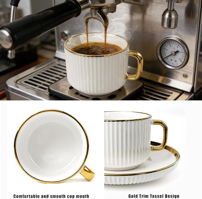 Cappuccino Cups Set of 4, 7oz Espresso Cups Set with Saucers and Sakura Spoons, Gold Trim Ceramic Coffee Tea Cups for Latte, Mocha, Au Lait, Dishwasher & Microwave Safe, Art Deco (Gold Striped/200ml)