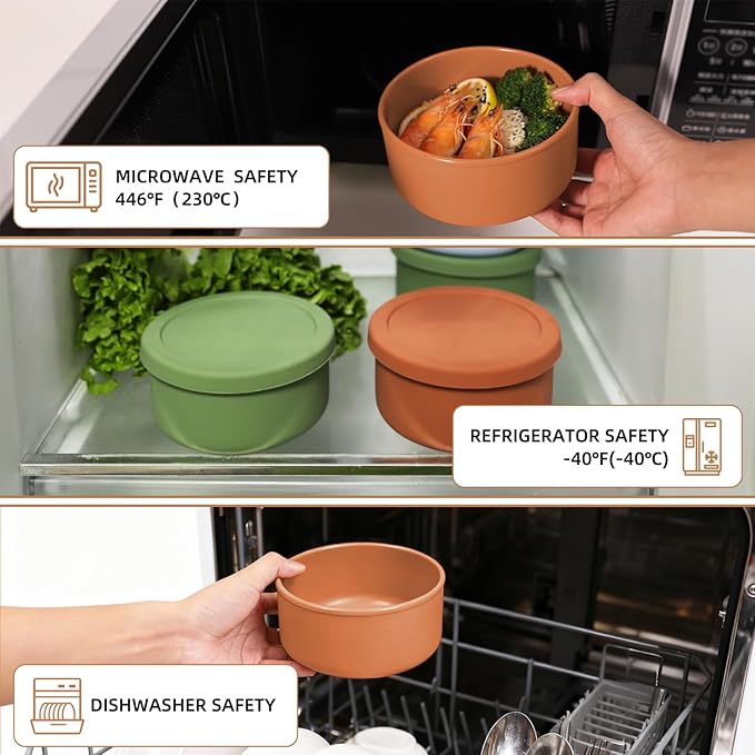 XU&PEIQI 24fl oz (700ml) Silicone Food Storage Containers, Round Bowls with Lids - Kitchen Serving, Salad & Lunch Containers - Airtight, BPA-Free, Microwave, Fridge & Dishwasher Safe (Brown,3P)