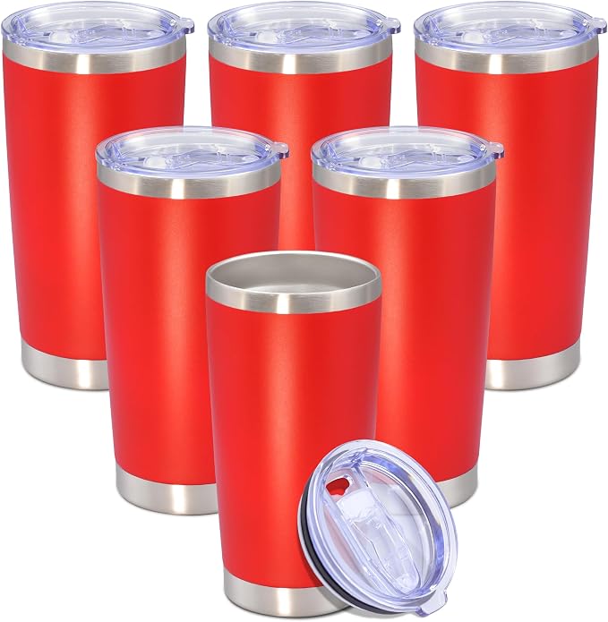 20 oz Tumbler with lid Double Wall Vacuum Insulated Tumblers Stainless Steel Coffee Mug Travel Coffee Tumbler Powder Coated Tumbler Cup Keep Hot&Cold - (Red 6 Pack)