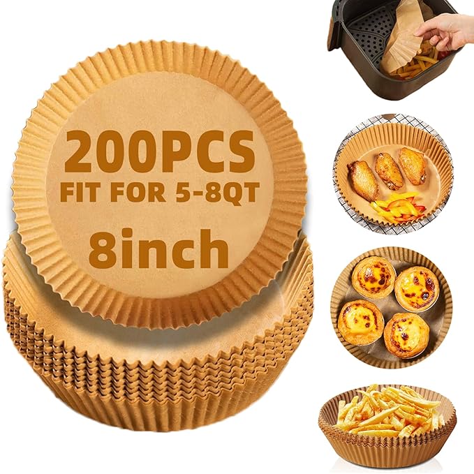 200Pcs Air Fryer Liners Disposable,LYHOLKEER 8inch Round Air Fryer Paper Liners for 5 5.5 6 6.5 7 7.5 8QT Air Fryer and 4Pcs Square Air Fryer Silicone Liners Reusable for 3-6 qt,Parchment Paper