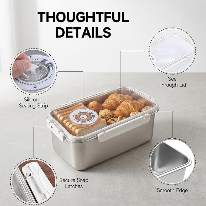 Bread Storage Box for Kitchen Countertop, Large Capacity Stainless Steel Breadbox, Bread Container Holder with Airtight See Through Time Recording Lid for Homemade Loaf, Toast, Bagel, Cookies