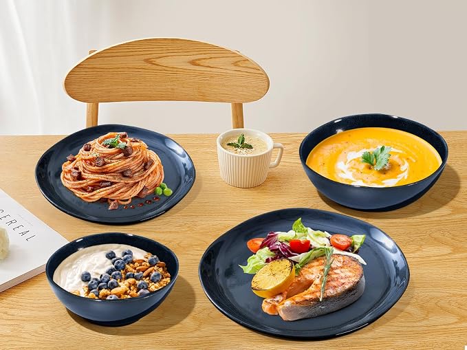Herogo 18pcs Stoneware Dinnerware Sets for 6, Irregular Handmade Dinner Plates and Bowls, Kitchen Dining Dish Dishware Set, Microwave & Dishwasher Safe,Starry Blue