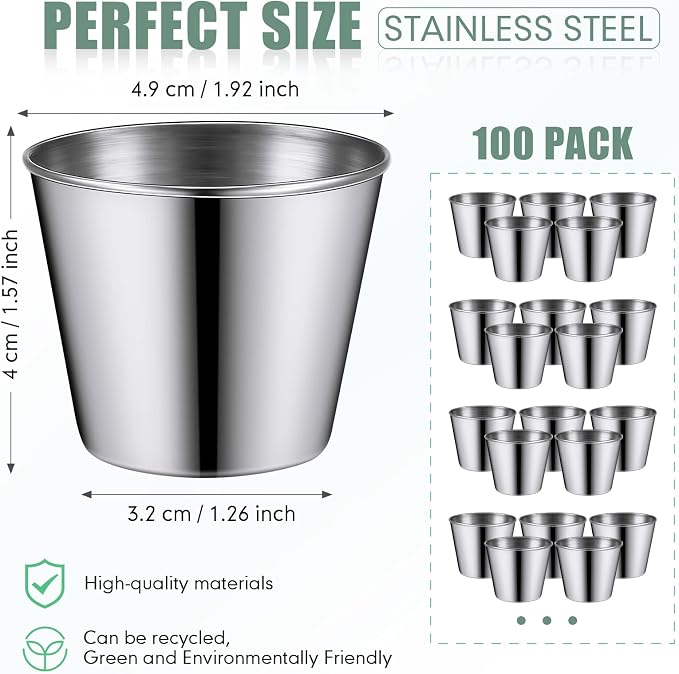 100 Pieces 1.5 oz Metal Ramekins Dipping Sauce Cups Stainless Steel Condiment Cups Small Metal Ramekins for Kitchen Restaurant Camping BBQ Party Seafood