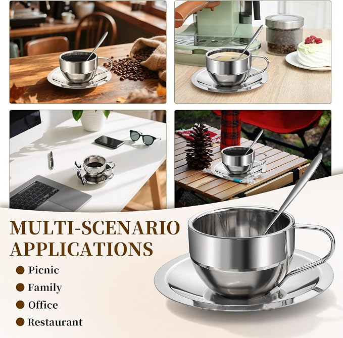 304 Stainless Steel Coffee Cups with Spoon & Saucer, 6.08 Oz Metal Espresso Mugs, Double Walled Insulated Espresso Coffee Cup for Cappuccino Latte Milk Tea Beverages (1 Set，180 ml)