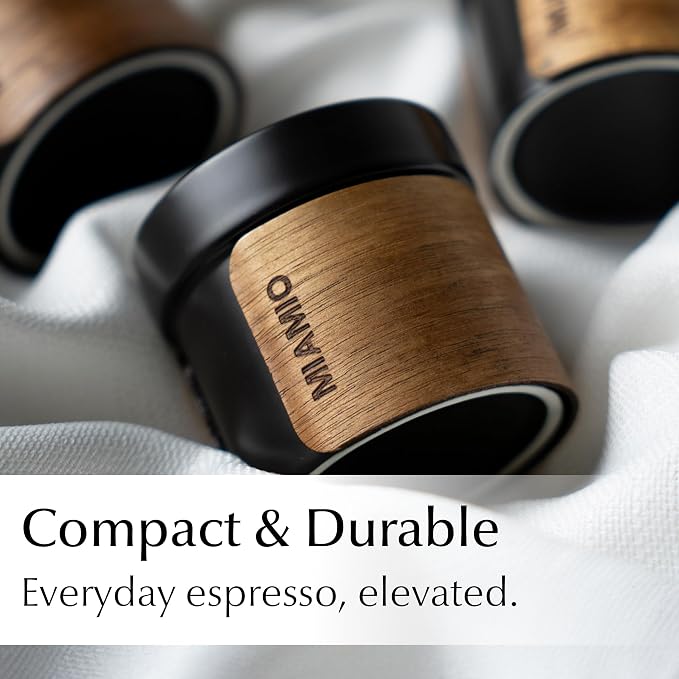 MIAMIO – Espresso Cups Set of 4 (3.5 oz) Japanese Tea Cups Ceramic/Handleless Mug with removable Wooden Cuff/Coffee Cups without Handle (Black)