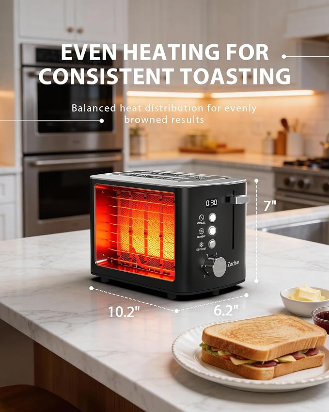 2 Slice Toaster with Wide Slots for Bread & Bagels, Stainless Steel Toaster with Digital Countdown, 6 Shade Settings, Defrost, Reheat & Cancel, Compact Design for Kitchen, Black