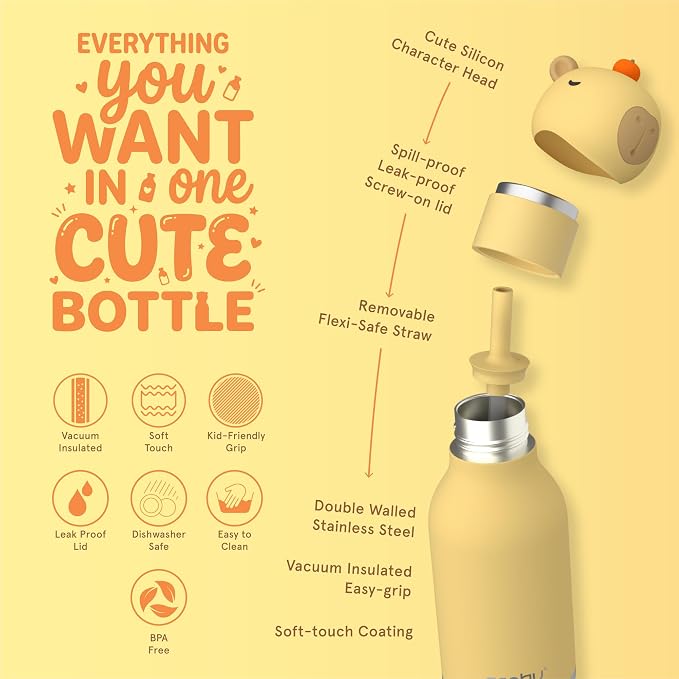asobu Bestie Bottle Limited Edition Collectible Kids Water Bottle with Animal Character Lid 16oz (460ml) Insulated Stainless Steel, Leakproof, Reusable with Straw Fun Gift for Girls & Boys