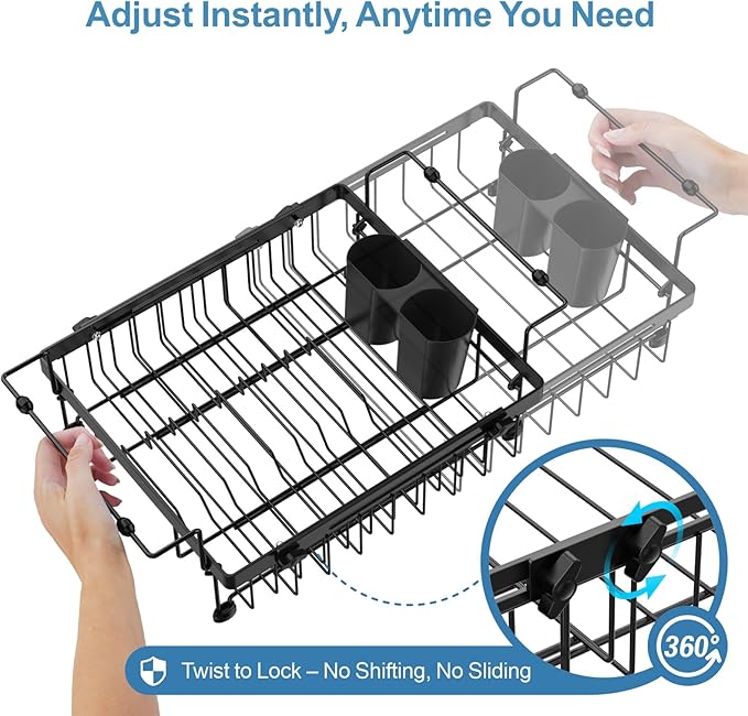 iSPECLE Expandable Dish Drying Rack with Silicone Mat for Large Kitchen Sink or On Counter, Rust Resistant Adjustable Over the Sink Dish Drainer with Tightening Knob, 12.8" W x 15.8"-20.7" L, Black